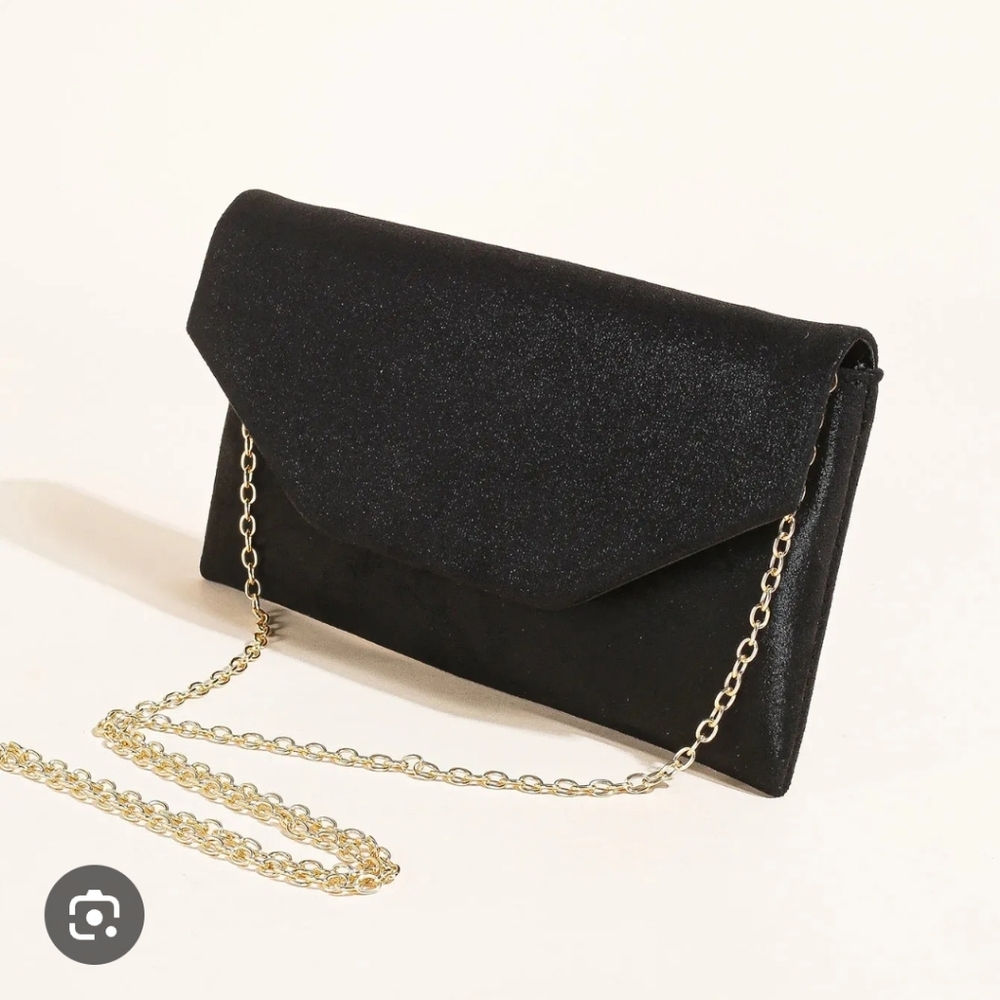 Black Shimmer Glitter Velvet Feel Chic Classy Envelope Style Clutch W Gold Chain